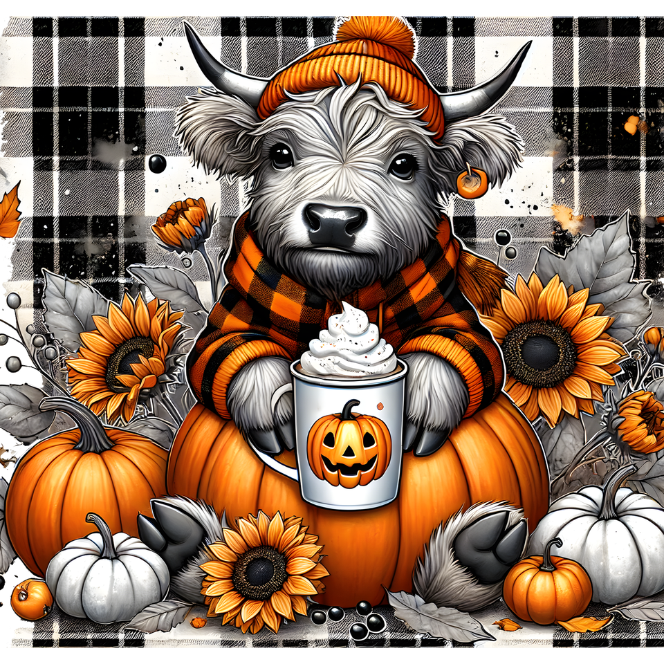 Seasons   fall highland cow and pumpkin