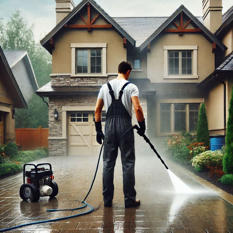 Someone pressure washing a residential home  with the persons back facing the viewer