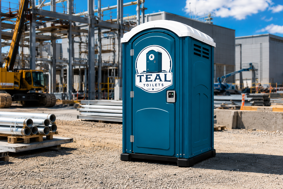 Teal porta-potty at construction site