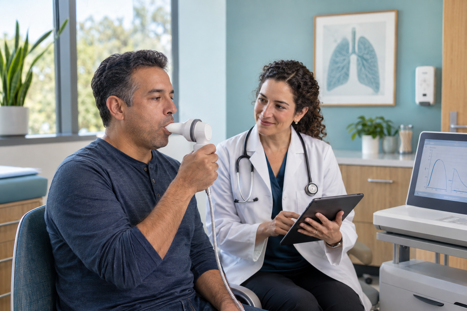 Patient taking a spirometry breathing test with an allergist