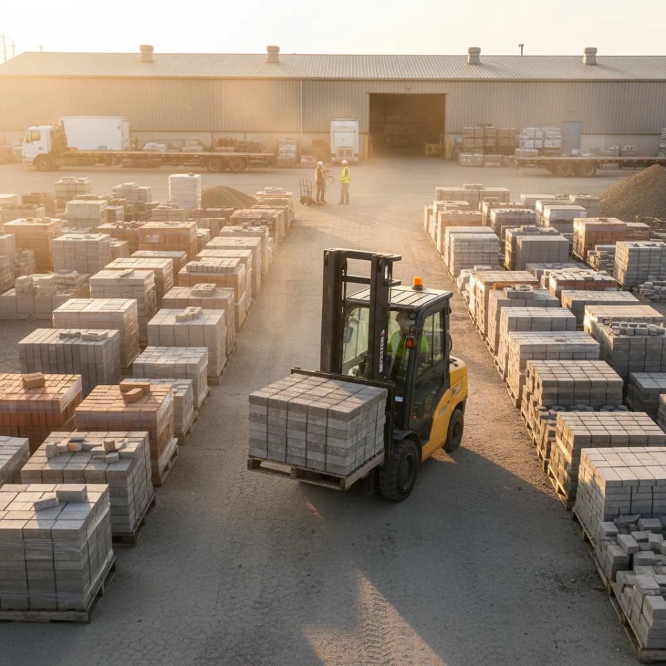 Forklift moving pallet of concrete pavers in fully stocked masonry supply yard