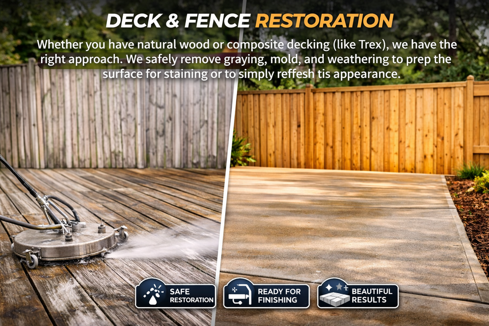 Professional deck and fence restoration removing graying and mold from natural wood and Trex composite surfaces.