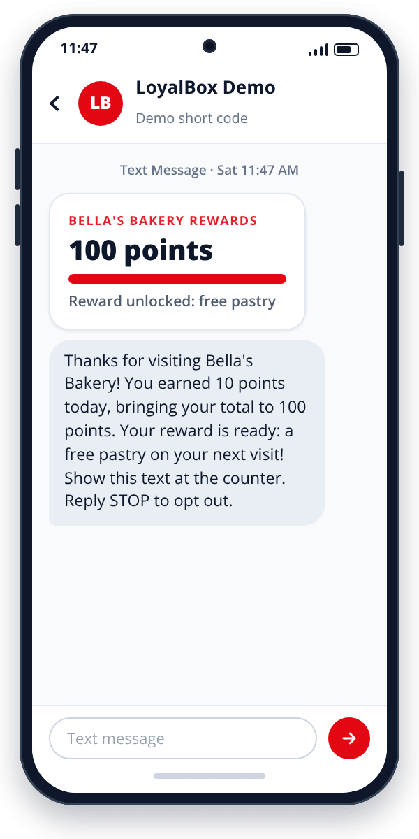 Example loyalty program text from a bakery showing 100 points and a free pastry reward
