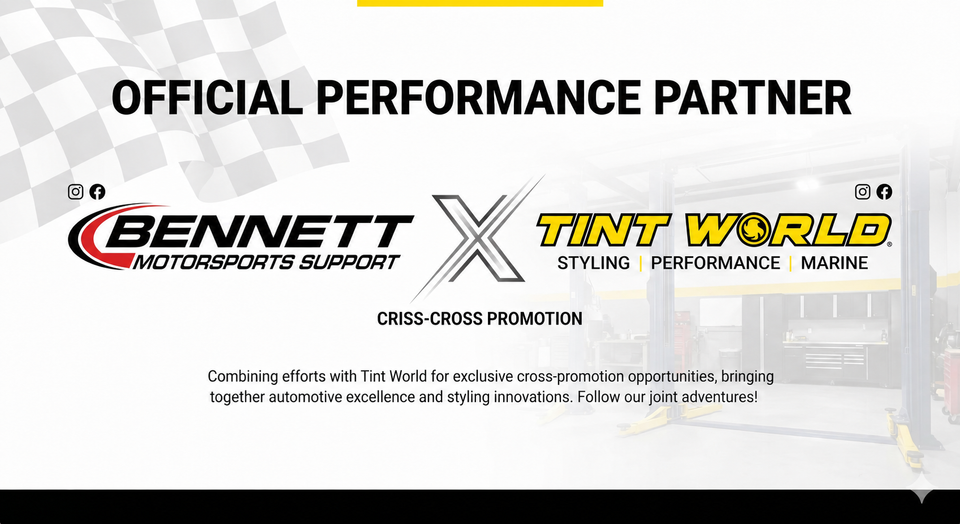 Bennett motorsports and tint world official cross promotion partnership graphic