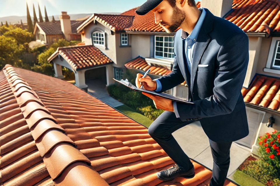 Dall·e 2024 11 04 20.36.51   a high resolution photograph of a real estate agent inspecting a house's roof condition  taken from a slightly elevated angle. the home has a classic 