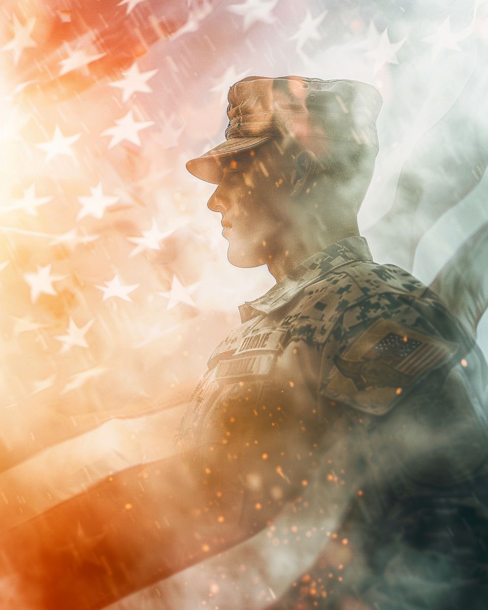 Soldier military uniform is foreground flag him is flag that says us army