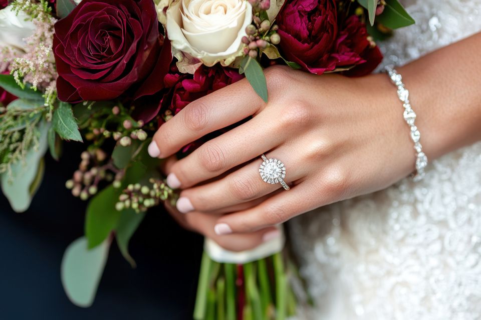Holding a bouquet of roses wearing a beautiful engagement ring.
