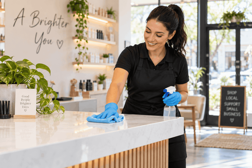 Professional cleaner wiping a counter inside a bright small business