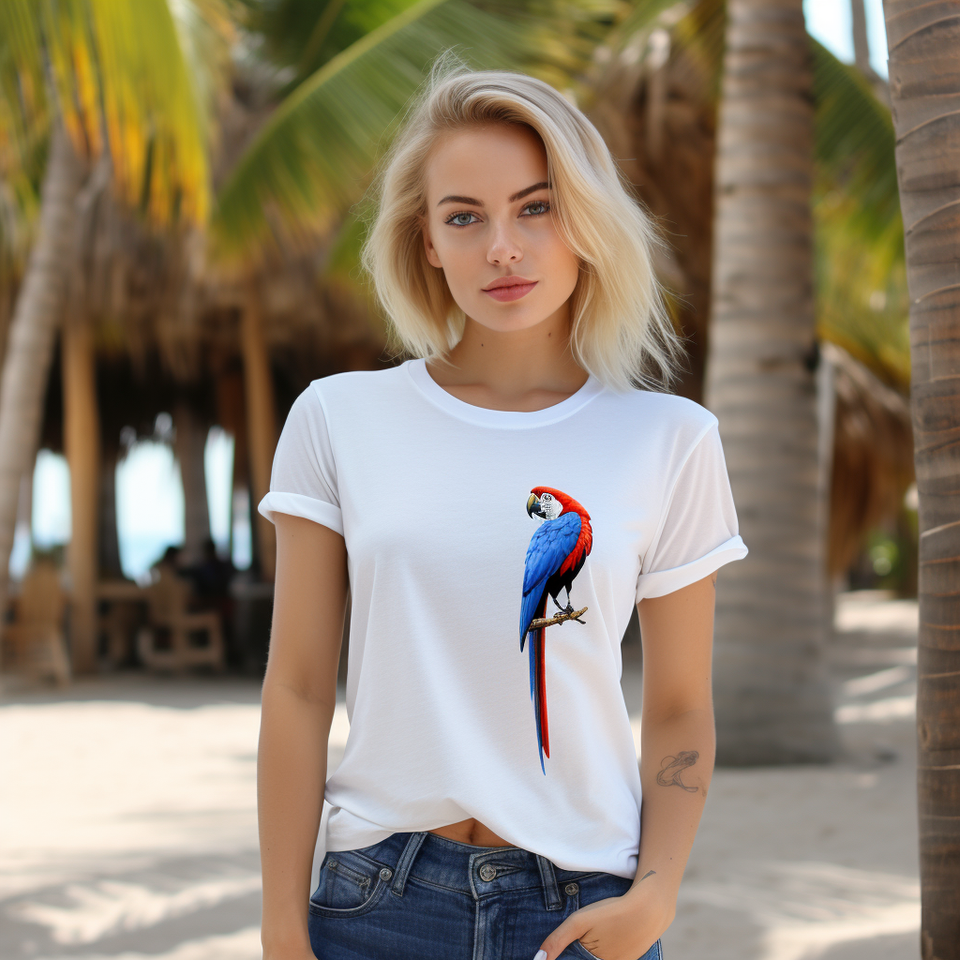 Blonde beauty wearing a t-shirt with the image of the brilliant macaw.
