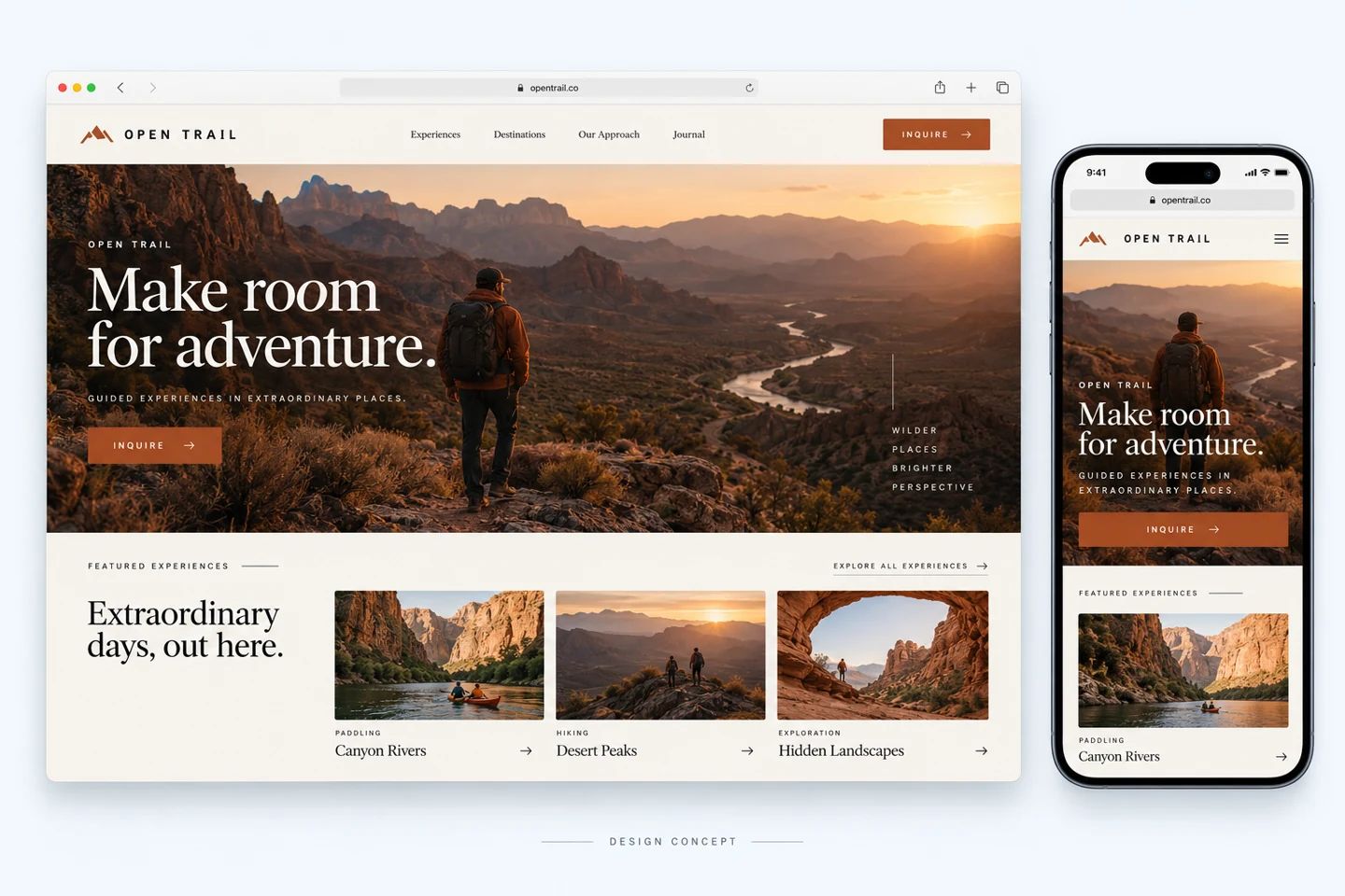 Experiences and hospitality website design concept, desktop and mobile