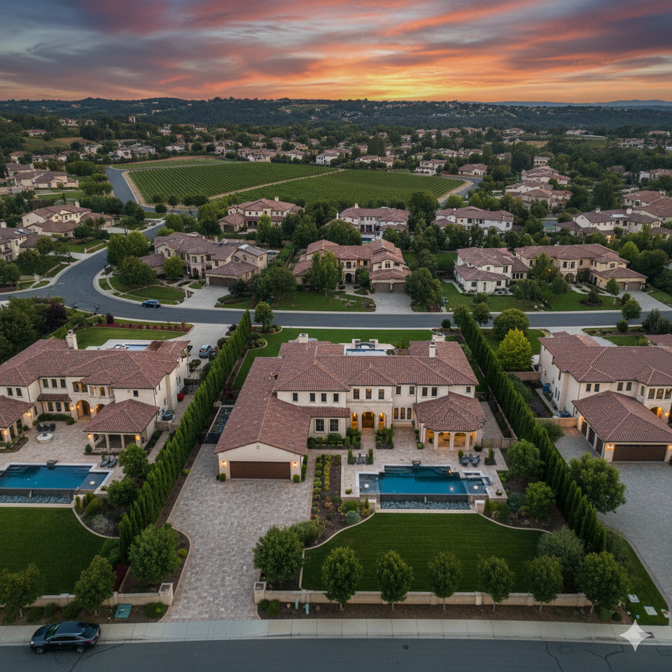 Aerial view of a luxury Loomis, CA neighborhood at sunset featuring custom estates and vineyards—Expert artisan tile and stone fabrication services for elite Placer County residential communities by LuXe Design.