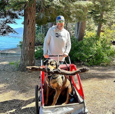 Gunther in his later years being pushed to the lake in a bike stroller. Here he is featured with a huge stick in his mouth with Clint pushing him