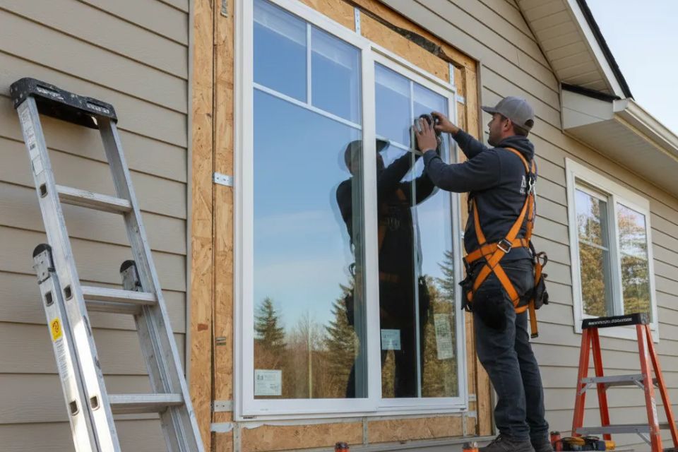 Professional technicians from Nova Roofing + Construction LLC carefully removing a damaged window pane and prepping the frame for a high-quality glass replacement.