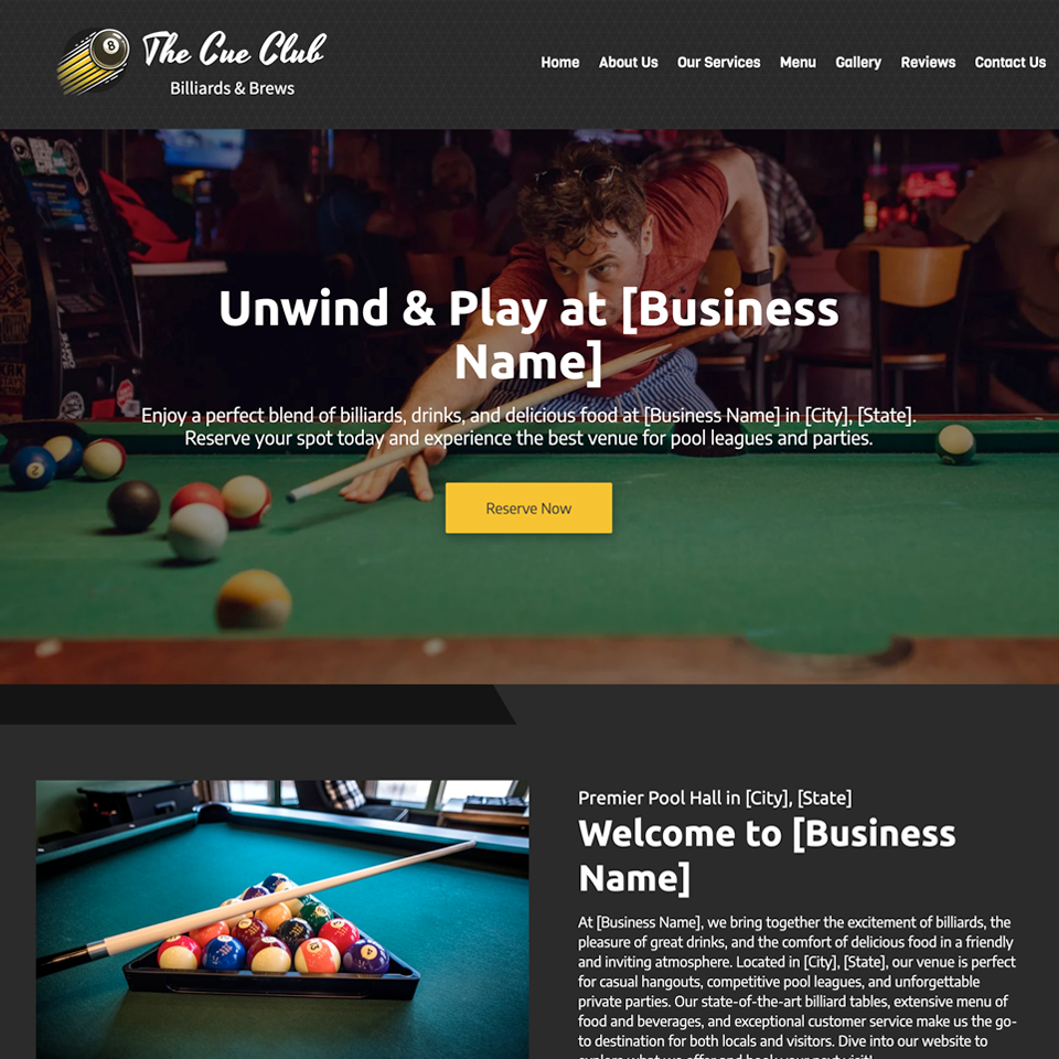 Billiards pool hall website design theme