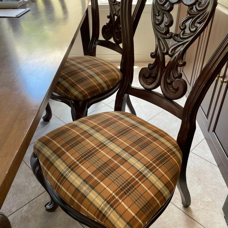 Plaid colored brown dining room chairs