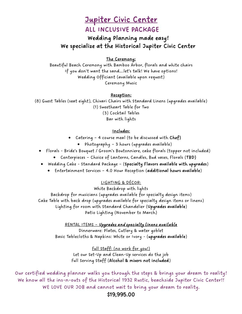 Jupiter civic center wedding package