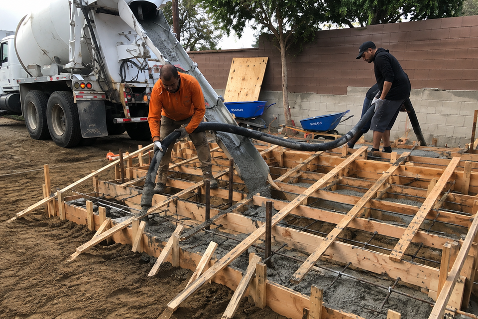 Concrete contractors building and finishing custom concrete steps for a residential outdoor project