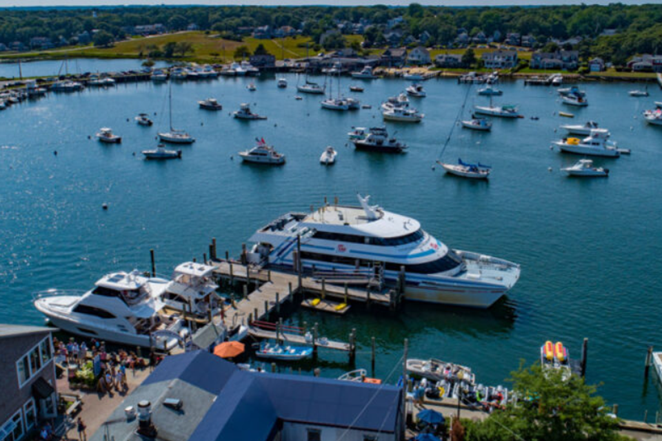 Aerial View of a Ferry docked in the Harbor 