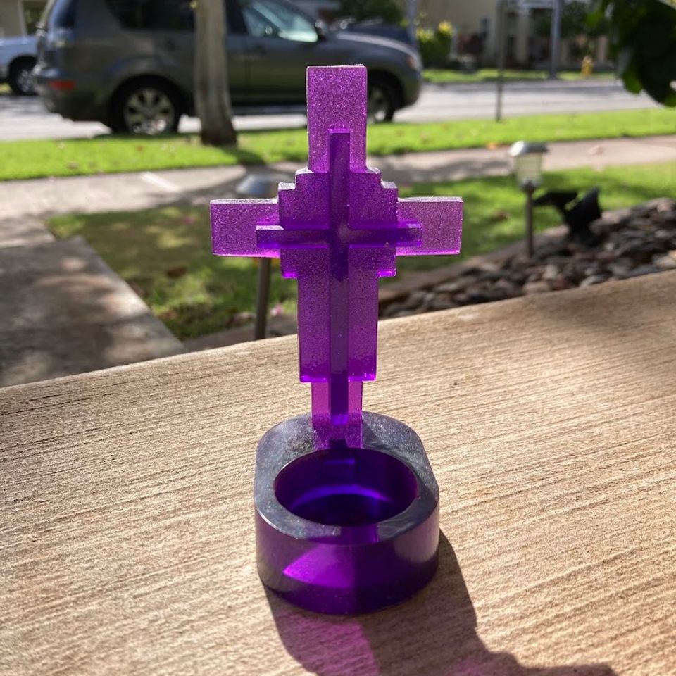 Puple resin crucifix candle holder