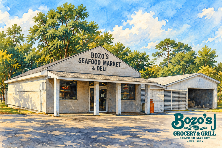 Coastal watercolor painting of the original Bozo’s Seafood Market