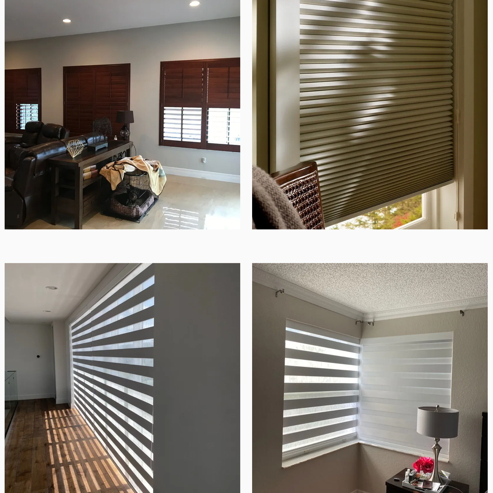 BJ&S Blinds installations showcasing wood plantation shutters, honeycomb cellular shades, and zebra shades in modern living spaces