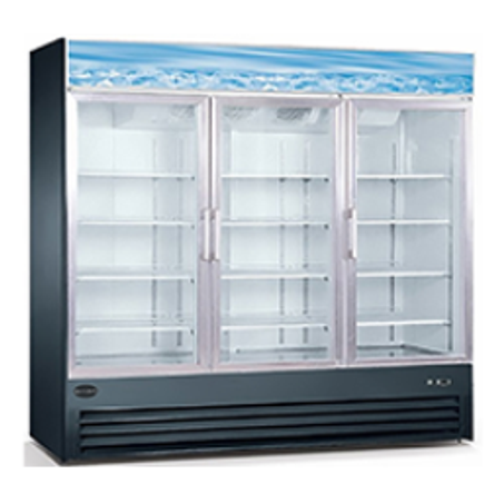 Commercial Restaurant Reach In Cooler Refrigerator or Freezer Display Merchandizer with Three Swinging Glass Doors