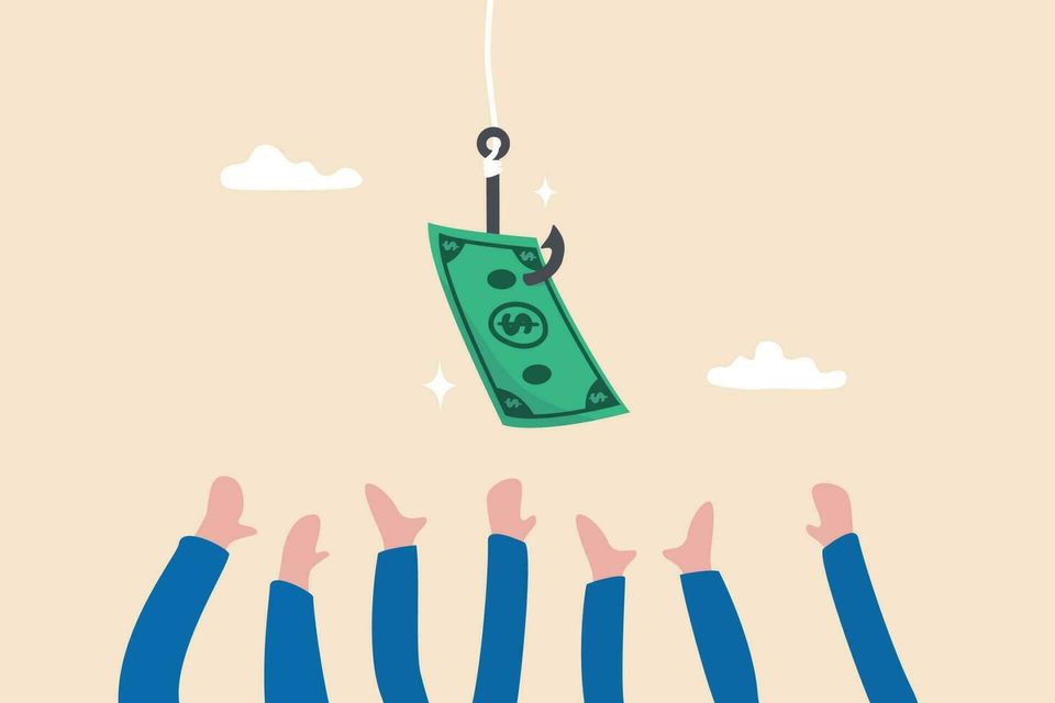 Fraud money scam investment or ponzi scheme financial crime cheating or bait for illegal investing concept businessman hands trying to catch fishing bait with dollar banknote money vector