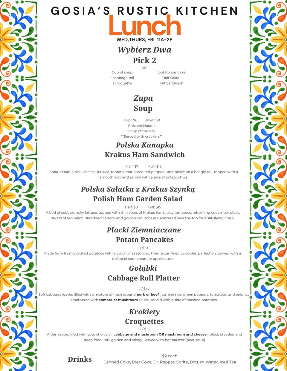 Lunch Menu from Gosia's Rustic Kitchen in Sheridan, IN