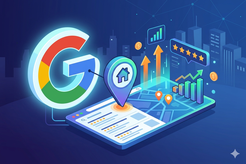 3D illustration of a Google logo, map pin, rising graphs, and five stars, symbolizing Local SEO and business growth.