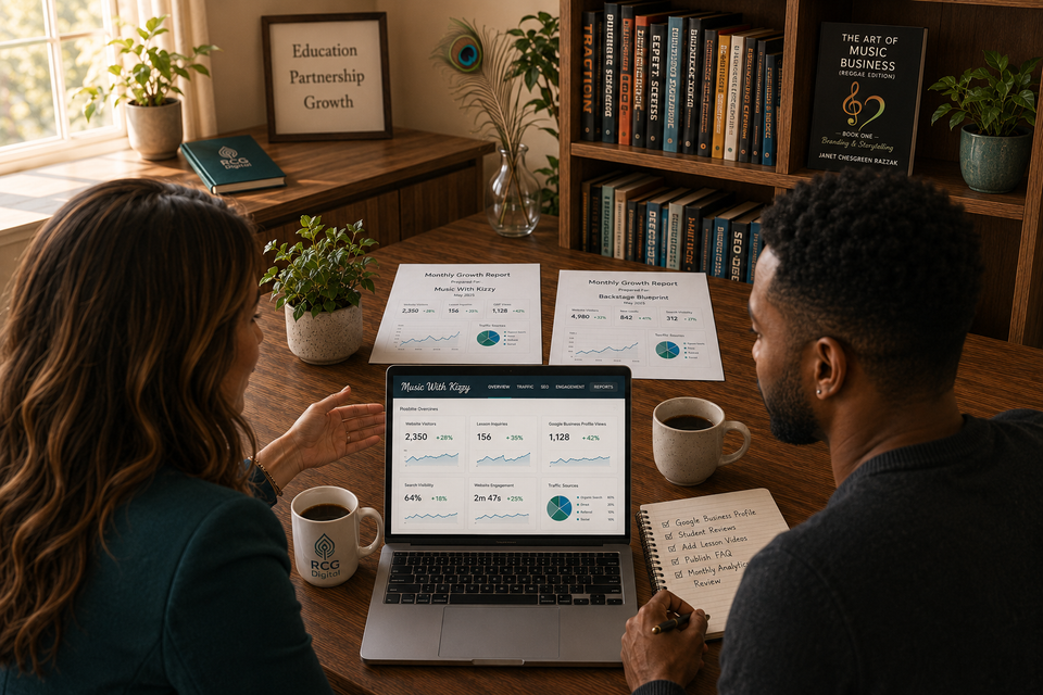 Business owners reviewing website performance reports together