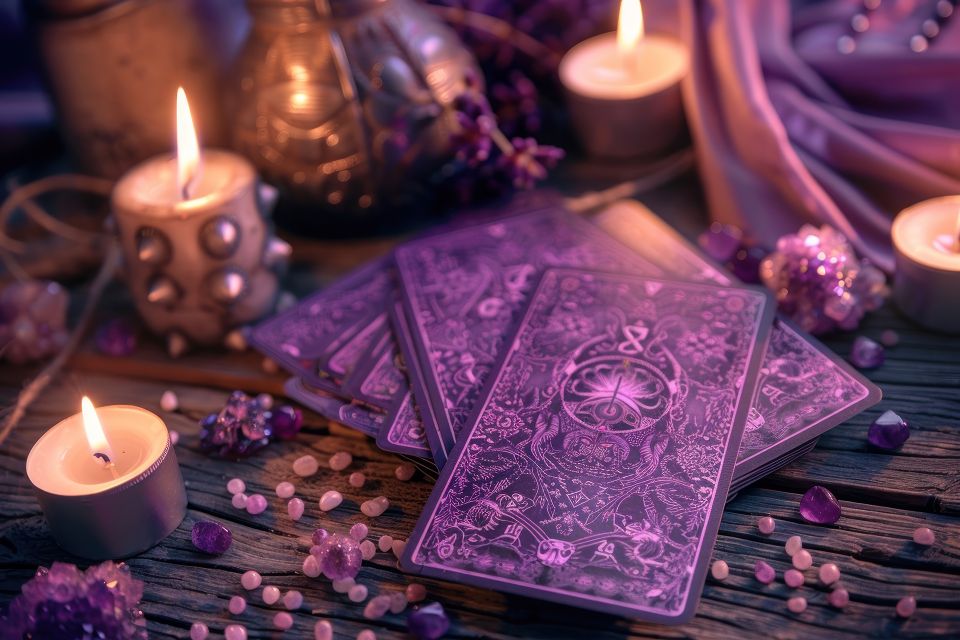 Pile tarot cards purple candle2
