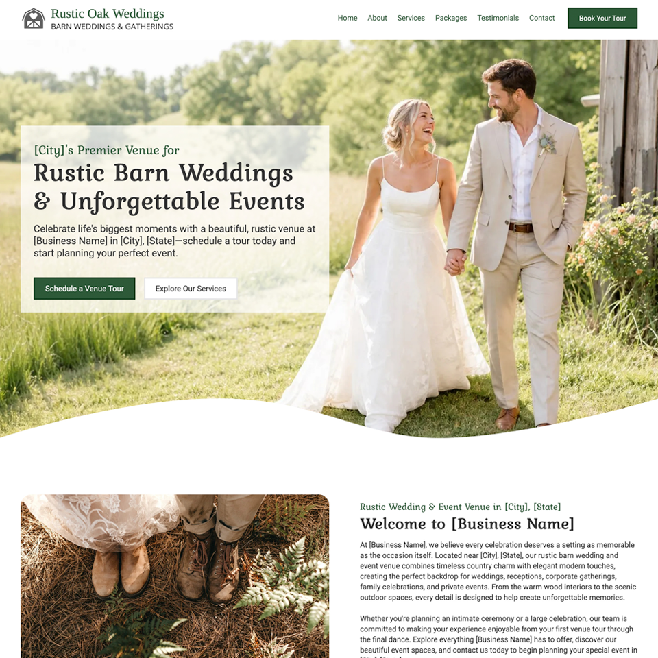 Rustic wedding event venue website design theme
