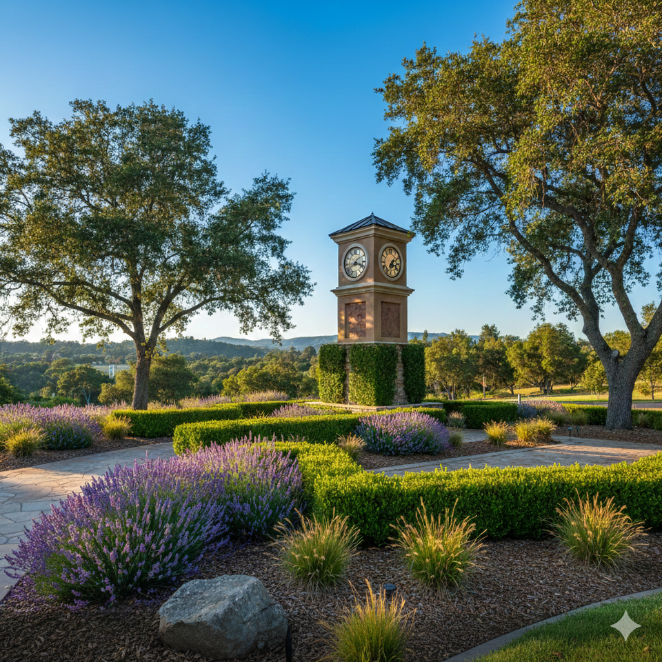 The iconic El Dorado Hills Clocktower landmark, surrounded by beautiful drought-tolerant landscaping with lavender, manicured hedges, and native oak trees under a clear blue sky.