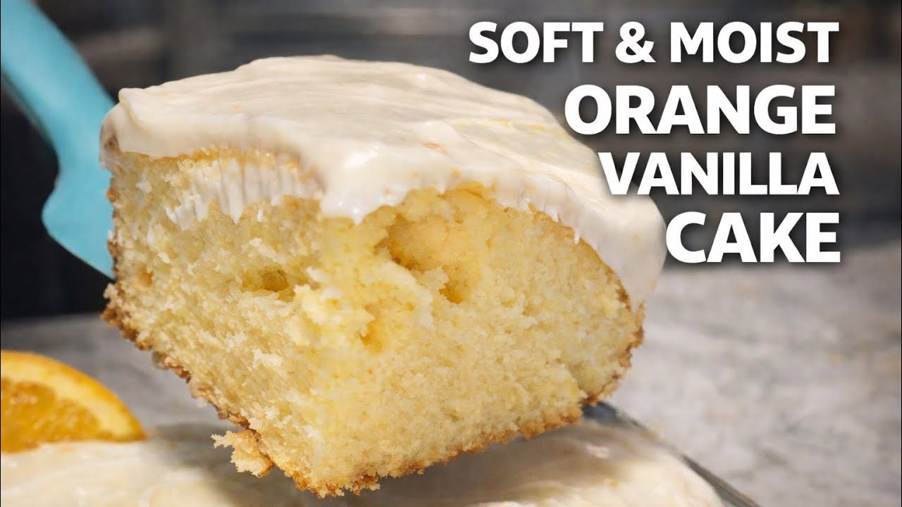 Soft and moist orange vanilla cake topped with cream cheese frosting