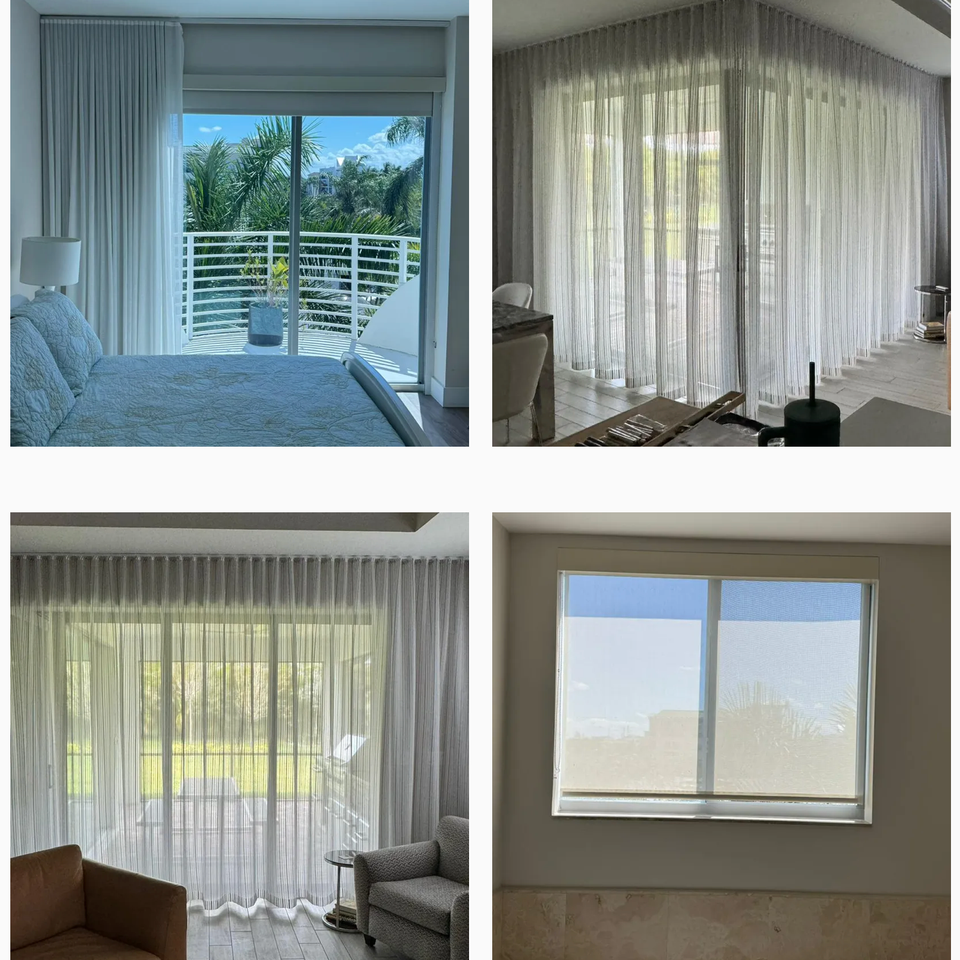 Elegant sheer drapes and solar shades installed in bedrooms, living areas, and patio doors with natural outdoor views