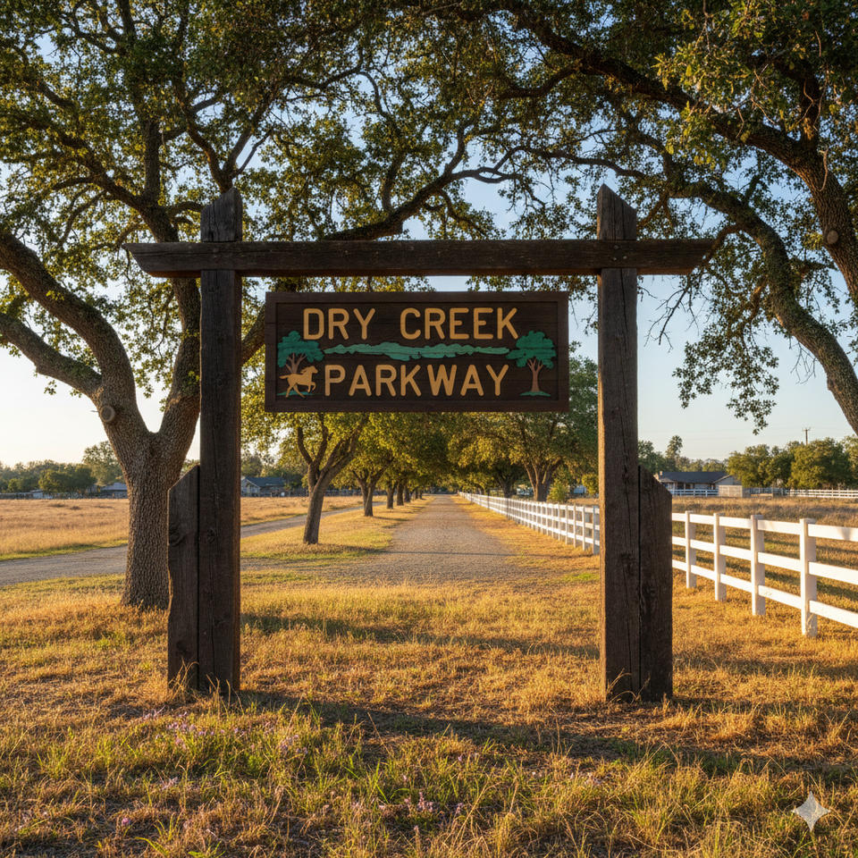 Scenic Dry Creek Parkway trailhead with white fence and tree-lined path in Rio Linda California