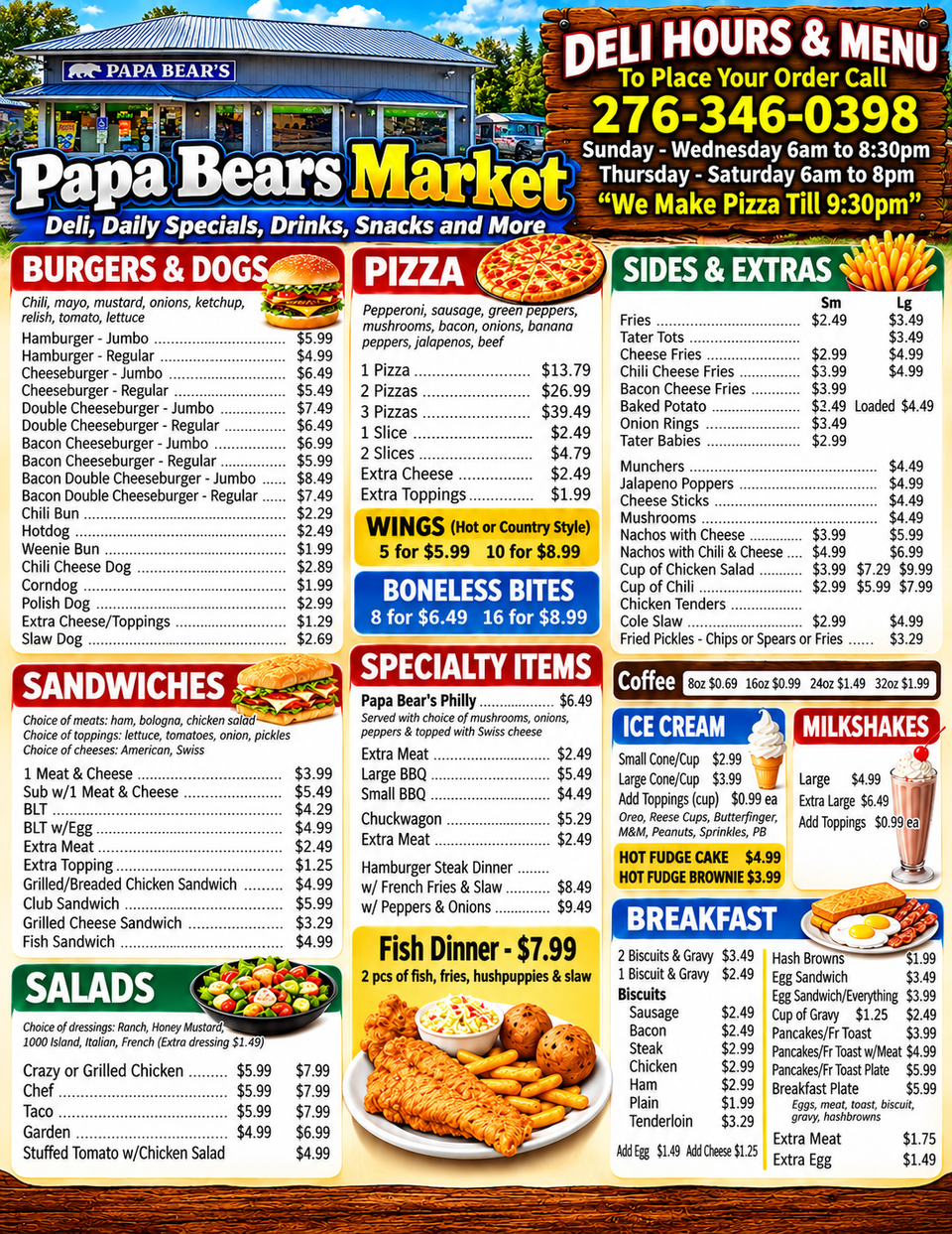 Papa bear’s deli menu poster