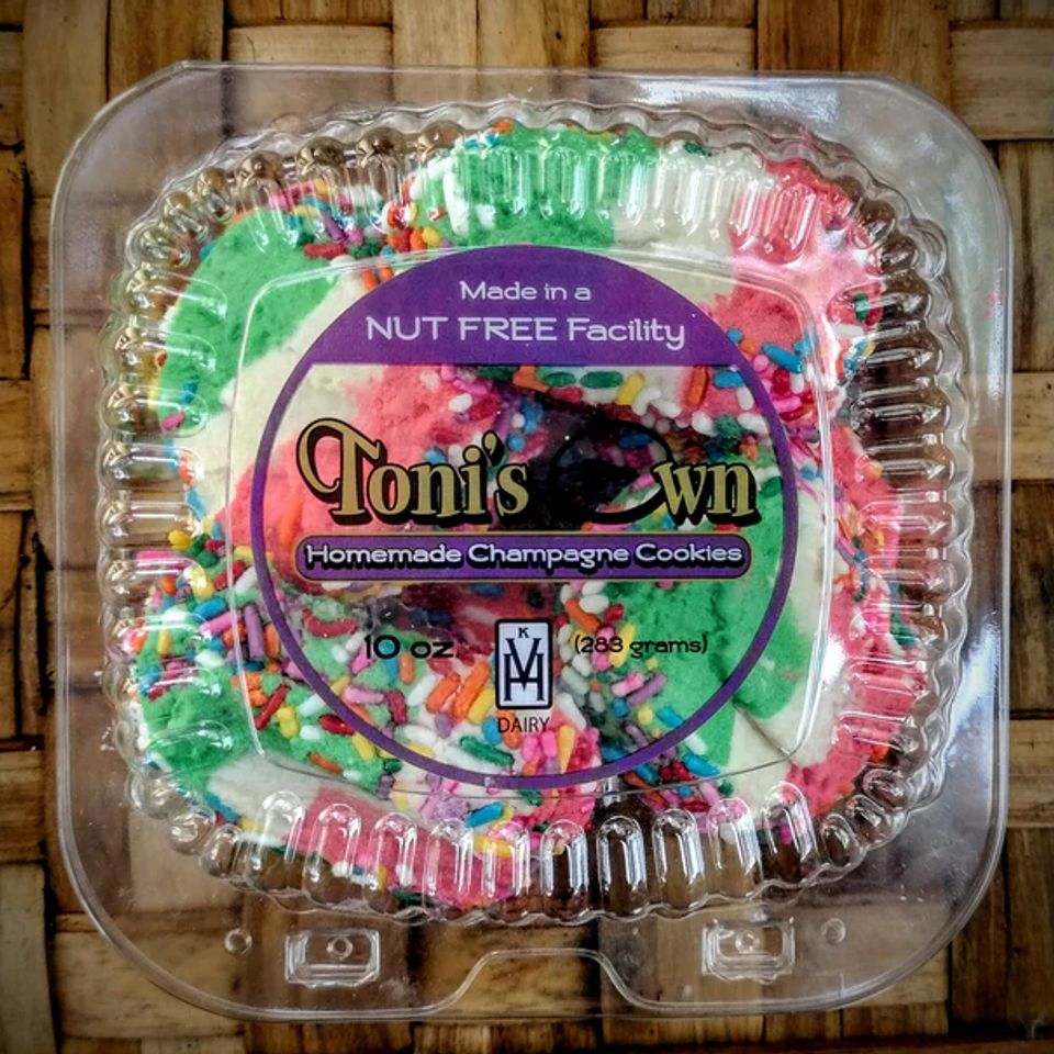A 10 oz package of the Champagne cookies from Toni's Own Cookies