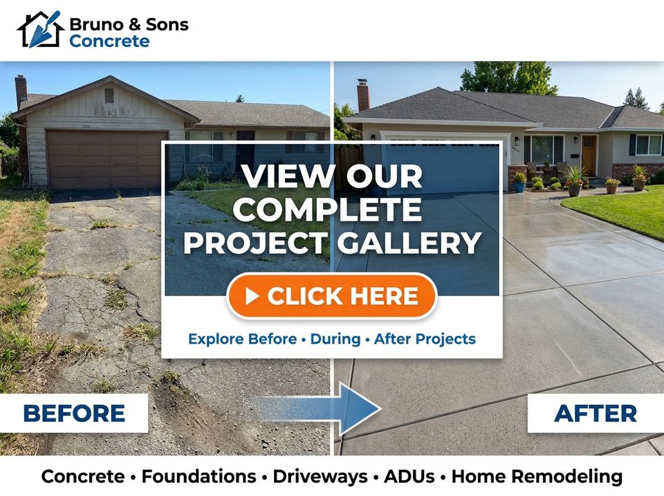 Bruno & Sons Concrete before and after driveway project gallery featuring driveways, patios, foundations, ADU construction, and home remodeling in Orange County