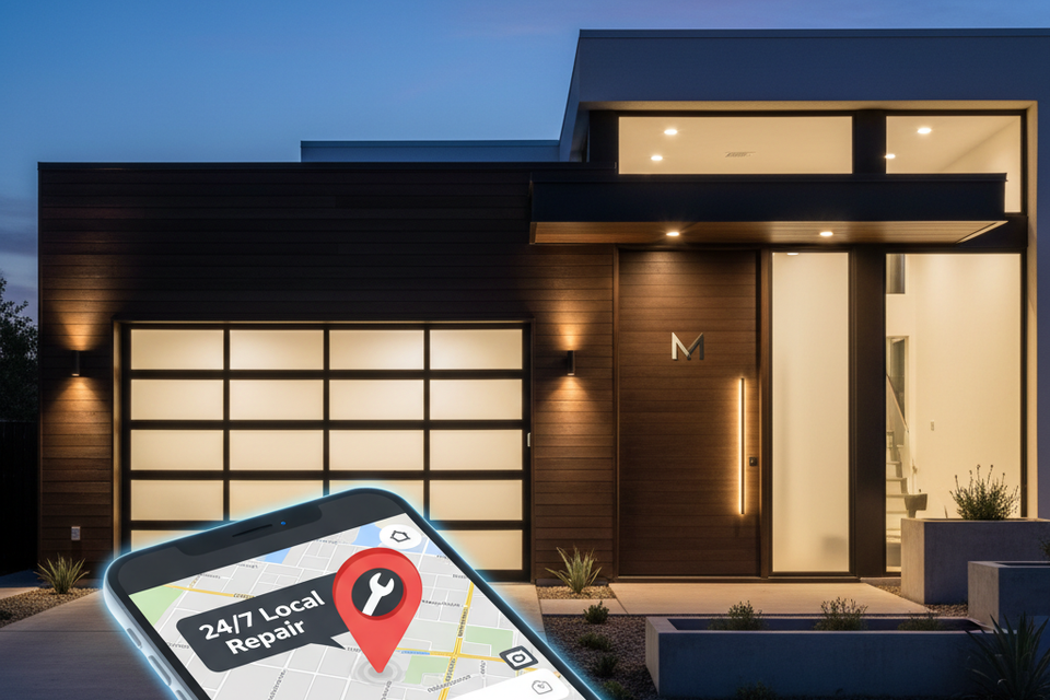 Smartphone displaying top-ranking local SEO map results for 24/7 garage door repair in front of a modern residential home.