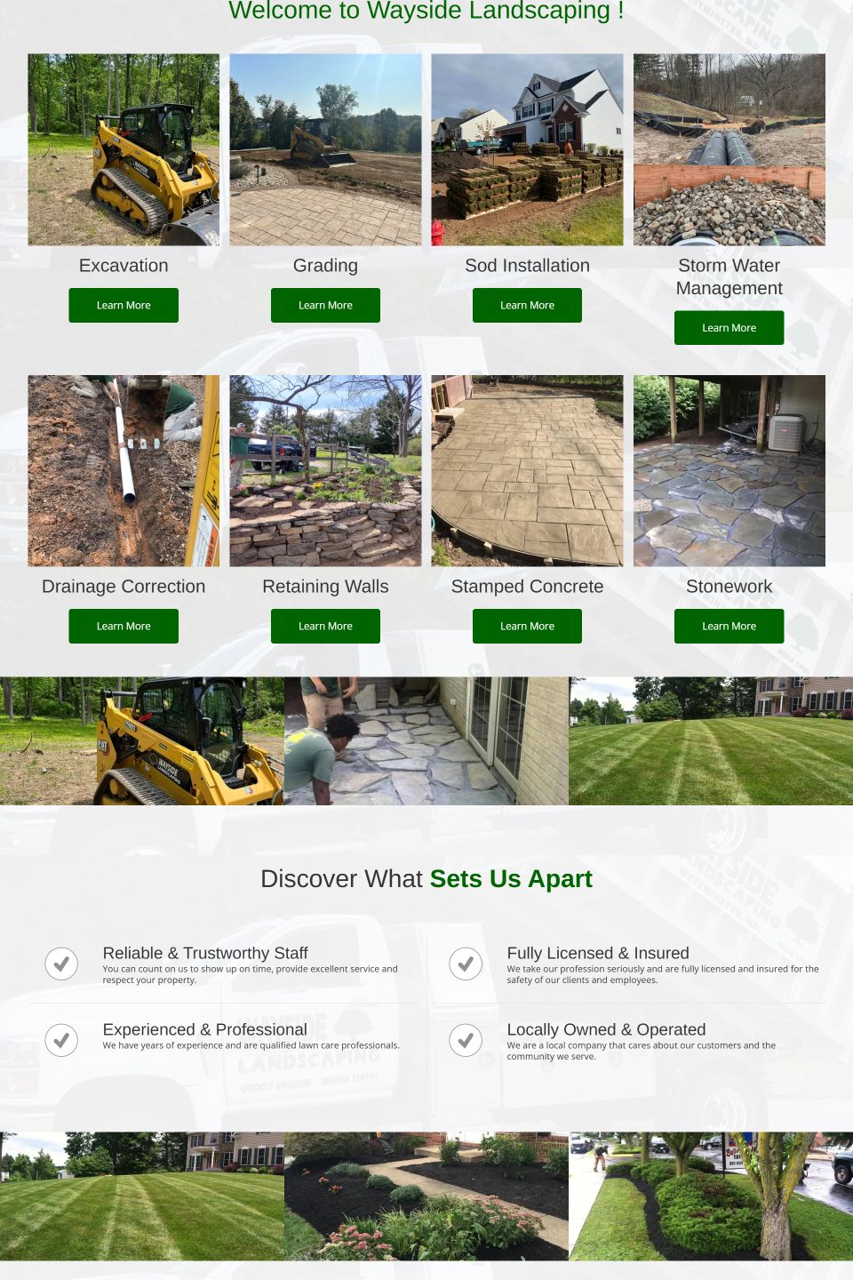 Wayside Landscaping website in Westminster Maryland showing landscaping and hardscaping services including excavation, grading, retaining walls, and stonework.