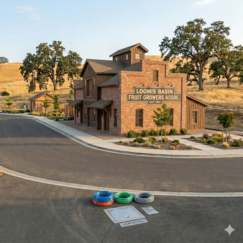 A square photo of the historic Loomis Basin Fruit Growers Association building in Loomis, California, featuring coils of electrical conduit and a utility access box (Lic#1057853) in the foreground.