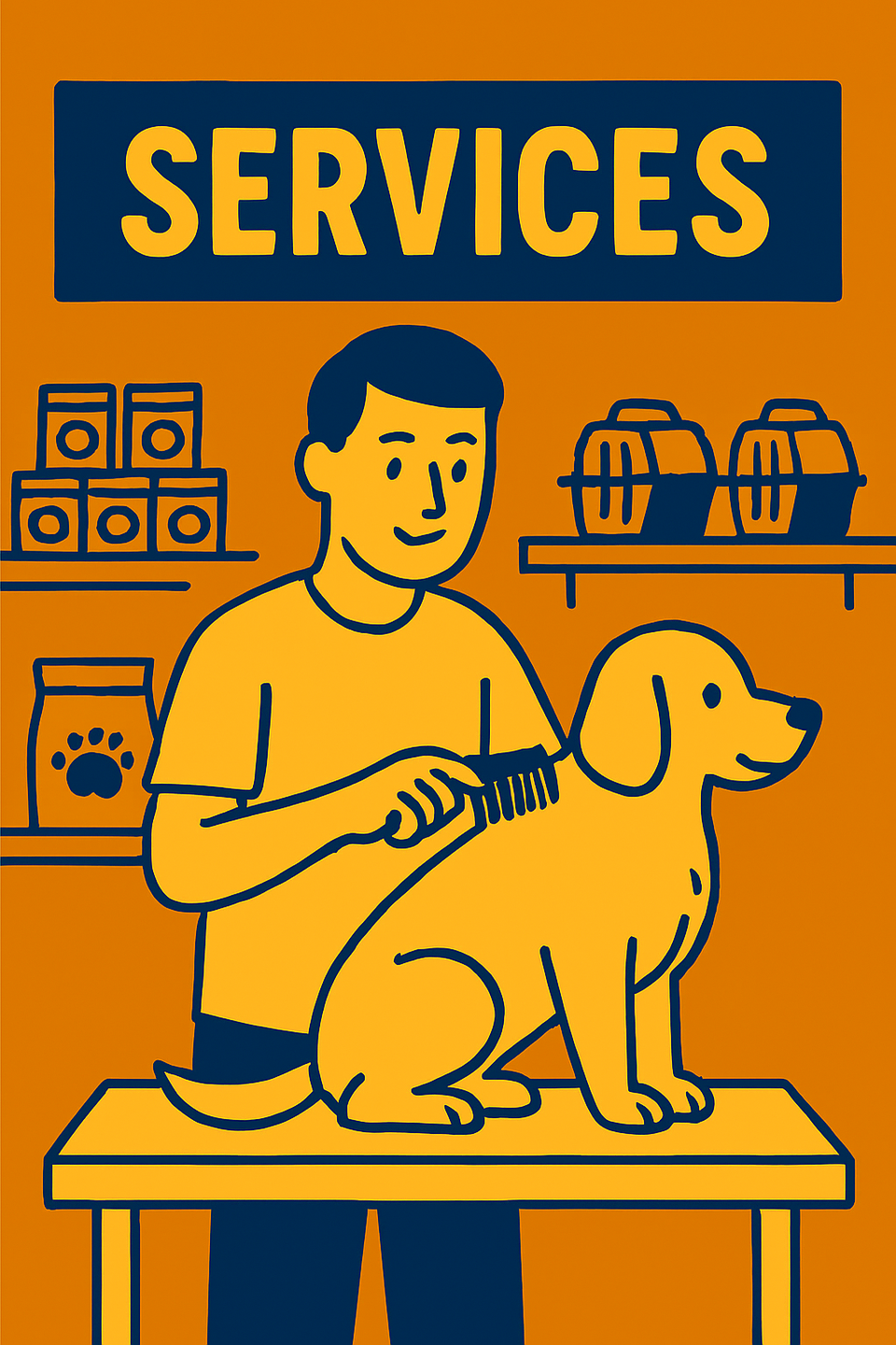 Dog sitting on table with vetinarian combing the dog in colors navy glue orange