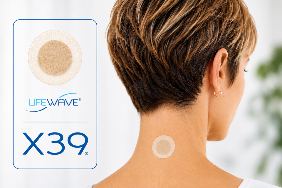 LifeWave X39 patch packaging with patch shown on the back of the neck