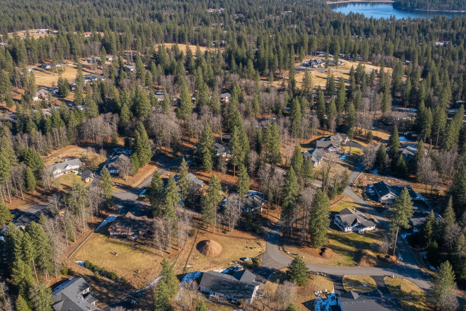 Aerial drone view of Meadow Vista, CA, showcasing the dense pine forest and residential homes near Lake Combie that receive expert tree maintenance from Lyons Tree Service