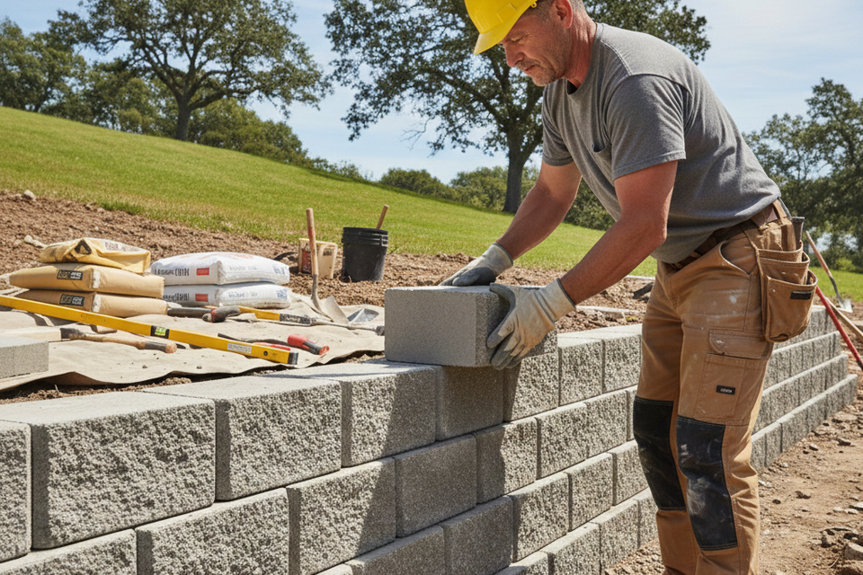 Professional landscaper building a stone retaining wall