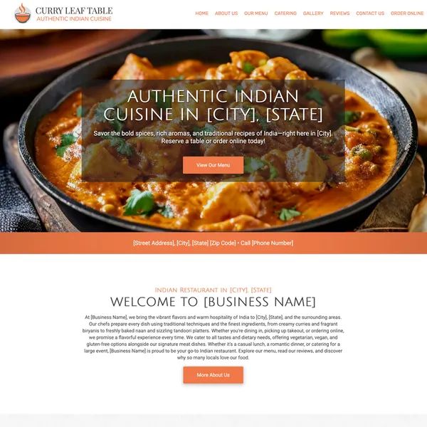 Indian cuisine restaurant website example featuring food photography, online ordering call-to-action, and modern restaurant branding layout.