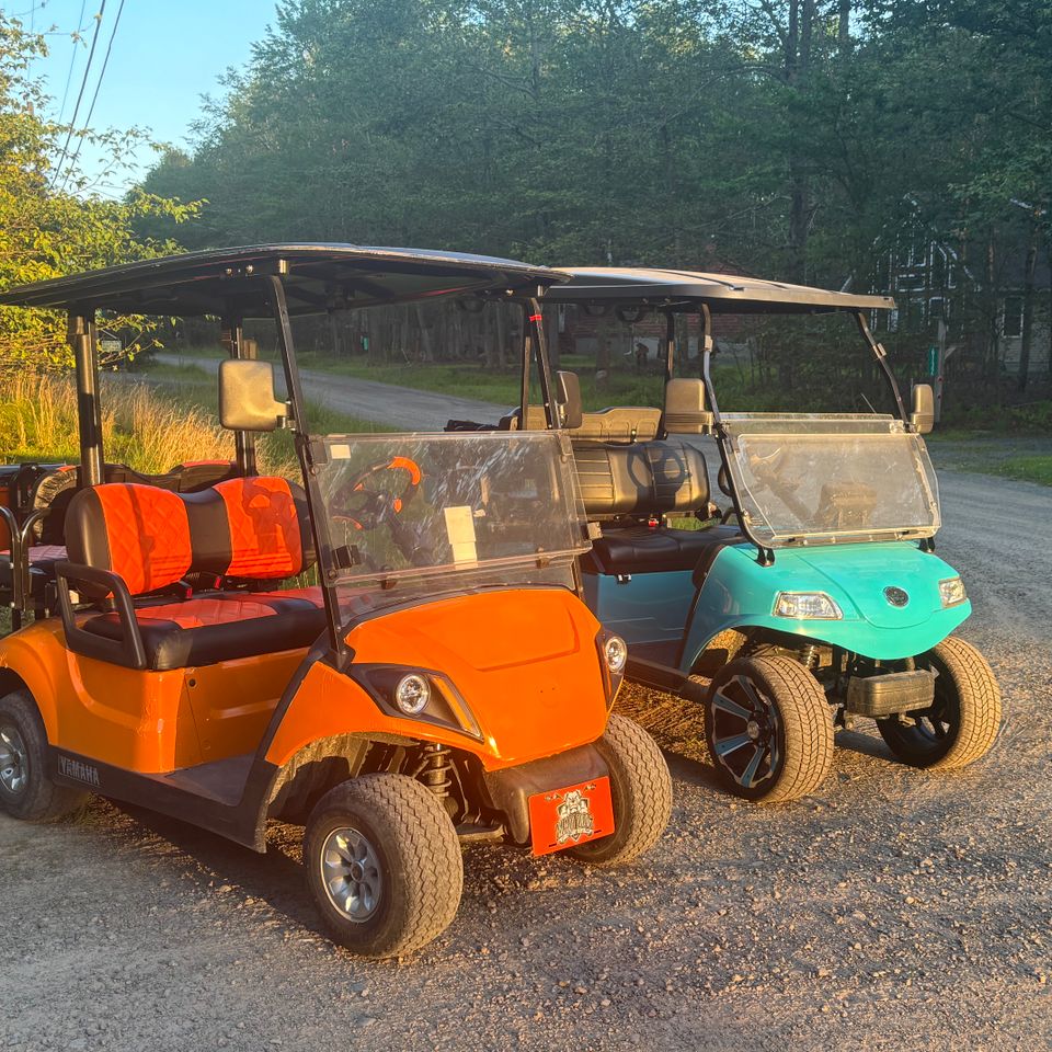 Orange and blue golf cart rental in the sunset from Mad Dog Golf Cart Rentals in Arrowhead Lake PA