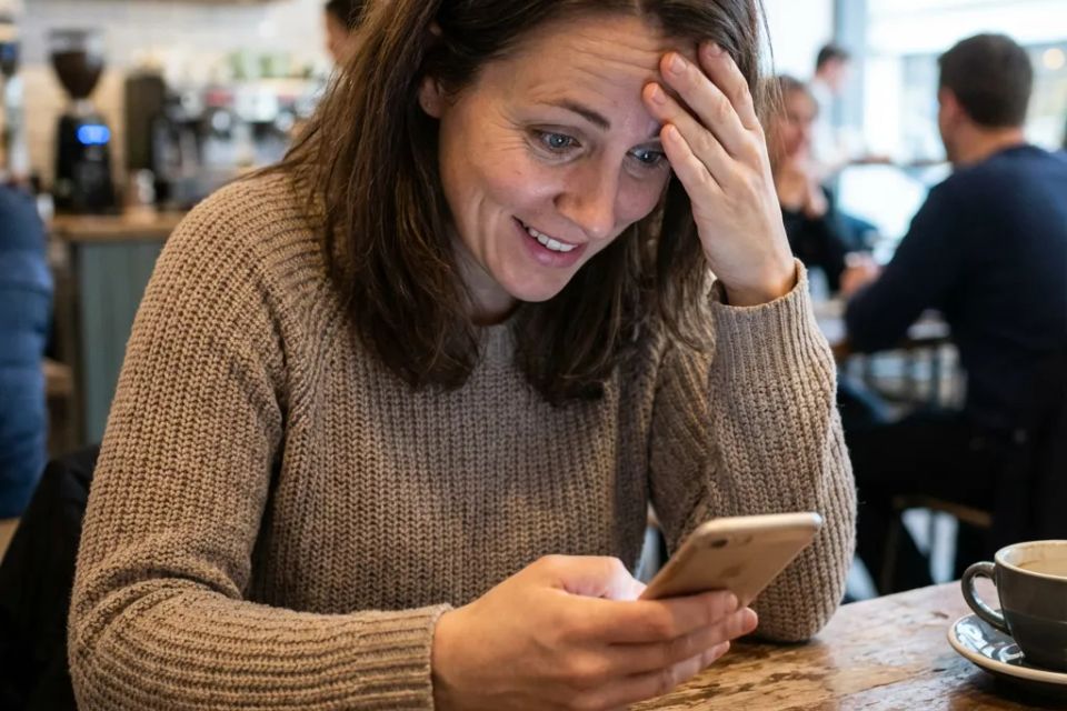 Stressed woman looking at smartphone searching for stress relief or anxiety help