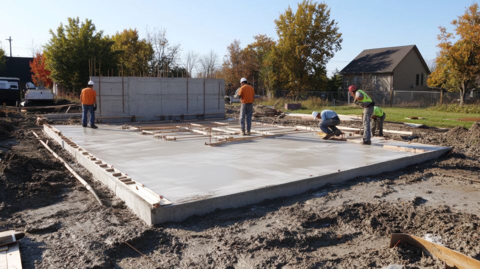1920 construction workers pouring concrete foundation